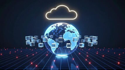 A glowing earth sphere with floating cargo boxes and cloud symbolizing digital trade, cloud based warehouse management, warehouse and inventory integration - Powered by Adobe