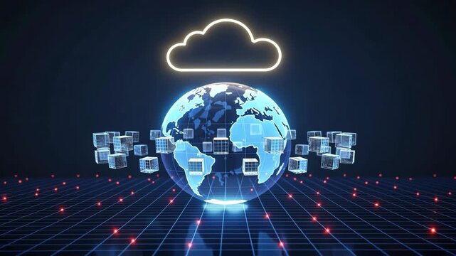 A glowing earth sphere with floating cargo boxes and cloud symbolizing digital trade, cloud based warehouse management, warehouse and inventory integration
