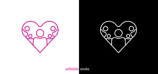 Editable stroke heart with patient persons, family, kids icon vector design to use for healthcare, healthy lifestyle, healthy family, medical laboratory, cardiology project.