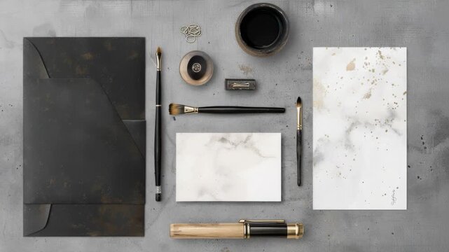 Video Various writing supplies and office materials displayed on a flat surface