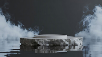 Abstract minimal concept. Dark background with natural granite stones podium on water and smoke surrounding. Mock up template for product presentation. 3D rendering. copy text space