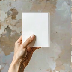 Hand holding blank white card against blurred textured background of beige, brown, and gray paint strokes