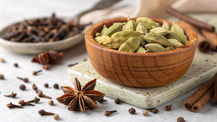 Green Cardamom in Wooden Bowl &ndash; Aromatic Spices, Indian Masala, Kitchen Ingredients Photography