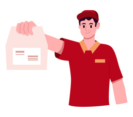 Courier Standing with Paper Bag, Wearing a Red Uniform and Cap. Deliveryman Shipping Order. Flat Vector Illustration.