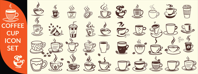 Coffee cup icon. Set of vector cups with coffee. Coffee cup big set design.