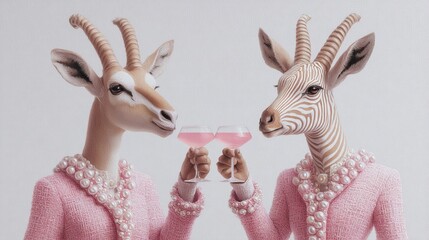 Obraz premium Elegant gazelle and zebra-like animals in tweed and pearls clinking pink cocktails with sophistication