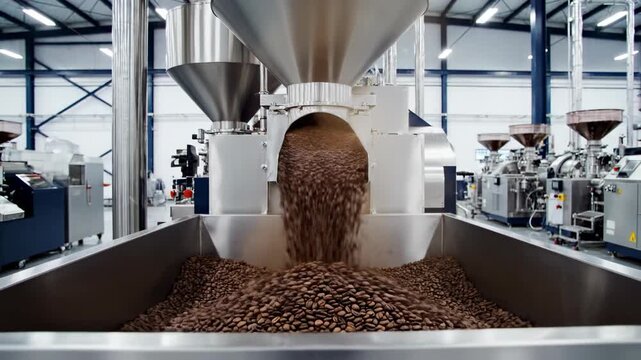 Automated industrial coffee grinding machine processing a massive quantity of rich brown beans in a clean, brightly lit factory environment logistics, automation, machine