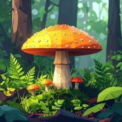 Large orange toadstool mushroom with white spots surrounded by smaller mushrooms and ferns in a dense forest
