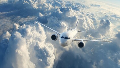 Aircraft flies through a cloudy sky, seen from a slightly elevated perspective