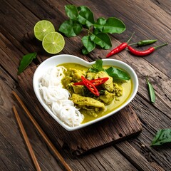 Heart-shaped bowl with green curry, rice noodles, limes, and chilies on a rustic wooden board