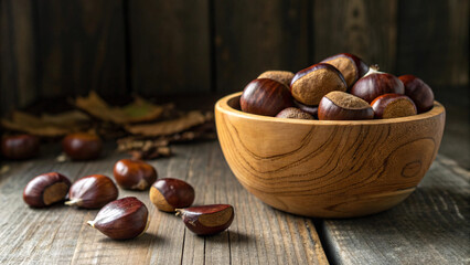 Fresh Chestnuts in Rustic Wooden Bowl &ndash; Autumn Harvest Nuts on Wooden Table