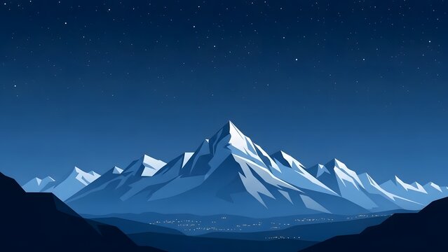 Snowy mountains under a starry night sky, minimalistic landscape with a distant city - Powered by Adobe