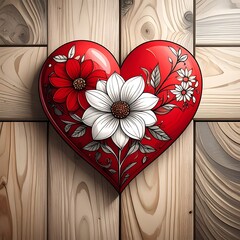 Heart-shaped decoration on wood planks, adorned with red & white flowers and foliage, creating a romantic ambiance