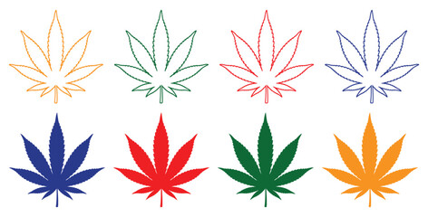 Collection of eight colorful cannabis marijuana leaf icons featuring both outline and solid silhouette styles