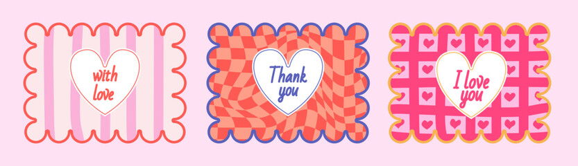 Collection of Valentine's Day Greeting Cards. Y2k Background. I Love You. Templates for Celebration, Branding, Cover. Vector Illustration.