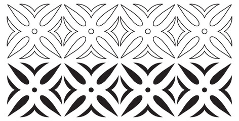 Black and white seamless geometric pattern design featuring stylized floral or leaf motifs for textile printing