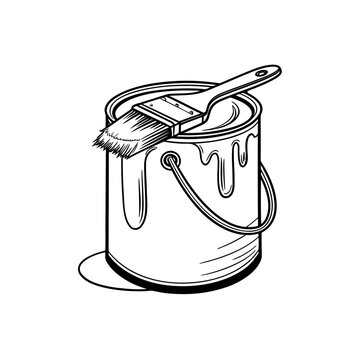 A classic paint can with a brush resting on top showing dripping paint isolated on white background silhouette