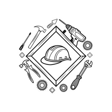 Construction tools including a hard hat hammer drill screwdriver pliers and wrench arranged in a diamond shape isolated on white background silhouette