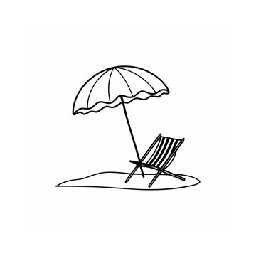 A simple line drawing of a beach chair and umbrella on sand isolated on white background silhouette