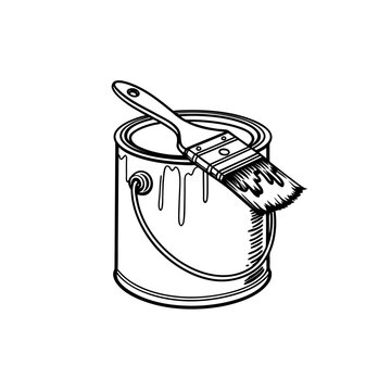 A black and white line art illustration of a paint can with a brush resting on top isolated on white background silhouette