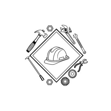 Construction tools and safety helmet arranged in a diamond shape with gears and nuts silhouette isolated on white background