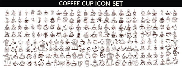 Coffee cup icon. Set of vector cups with coffee. Coffee cup big set design.