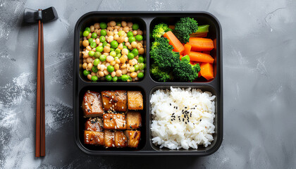 Minimalist Asian Bento Meal with Symmetrical Vegetables and Protein Arrangement