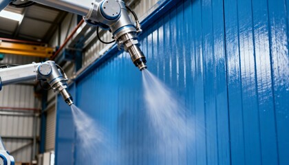 Closeup of robotic nozzles spraying uniform layers on warehouse walls demonstrating cuttingedge technology in industrial painting.