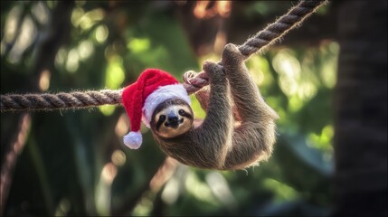 Naklejka premium Sloth wearing Santa hat hanging on rope in jungle for Christmas and holiday concept