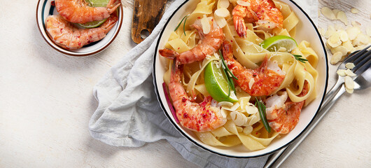 Delicious pastas with red shrimps and mussels, italian pastas, mediterranean recipe.