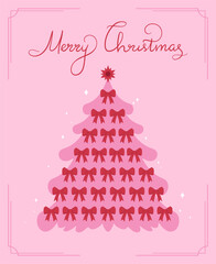 Christmas greeting card with Christmas tree decorated with red bow ribbons. Vector illustration