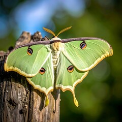 Large, pale green Luna moth clings to rough, weathered wood with blurred greens and blues in the bokeh background
