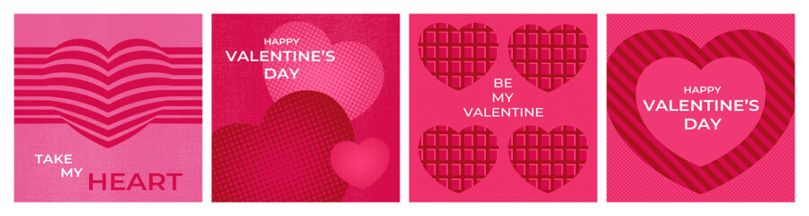 Valentine cards with geometric halftone and striped hearts. Love card, cover, template. Vector illustration