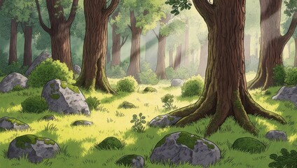 Naklejka premium A sunlit forest scene featuring trees, rocks, green grass, and filtered light