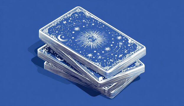 A stack of tarot cards with celestial back designs sits on a blue surface