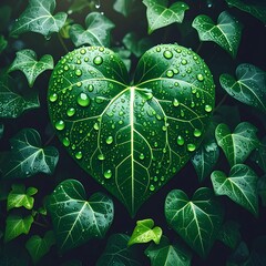 Heart-shaped green leaf covered in water droplets surrounded by ivy