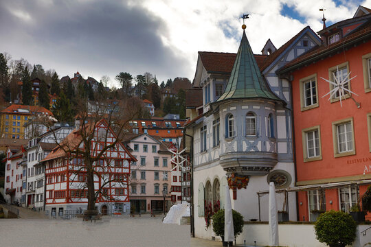 Switzerland St. Gallen city view on a cloudy winter day