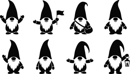 Cute gnome silhouette vector set featuring bearded characters with tall hats, holiday decoration gnomes, seasonal illustration elements, and whimsical dwarf artwork