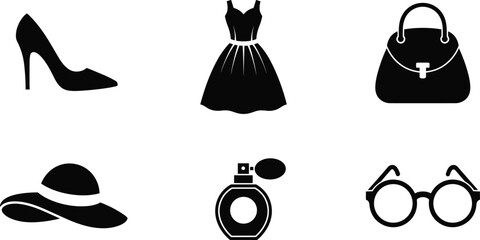 Fashion accessory silhouette vector set featuring dress, handbag, high heel shoe, hat, perfume bottle, and eyeglasses for stylish design artwork