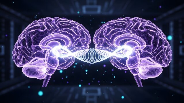 Two glowing human brains connecting through an abstract, swirling energy in futuristic setting