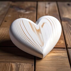 Heart-shaped object, painted white, with wood grain showing through on wooden surface, warm lighting, close up shot