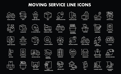 Moving Service line editable icon set. Contain icons relaed to Moving house services, packing, loaders, office moving, freight transportation, and more. Editable stroke. Vector illustration