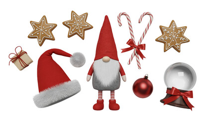 Collection of festive christmas holiday decorations isolated on transparent background