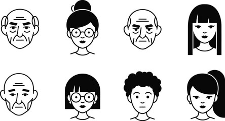 Collection of diverse avatar faces, minimal line icons representing people, character portraits, user profile illustrations, human expressions, modern graphic style