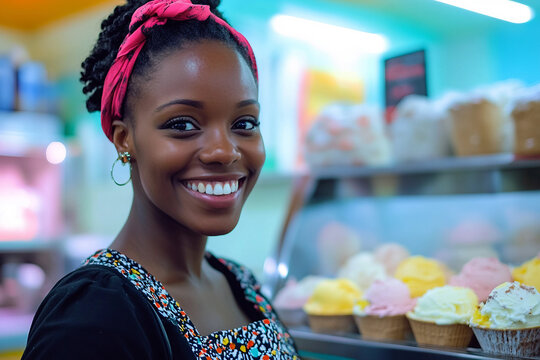 Happy young person hold cone ice cream in sweet dessert shop environment created with generative ai technology - Powered by Adobe