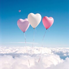 Heart-shaped pastel balloons float above fluffy clouds against a vibrant, clear, blue sky
