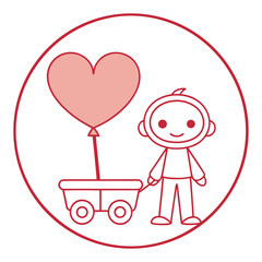 Baby boy pulling wagon with heart shape balloon inside circle vector illustration for new born birthday celebration