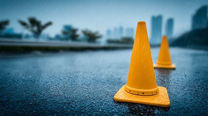 Rainy Urban Street Scene with Water Reflections