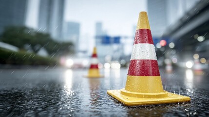 Rainy Urban Street Scene with Water Reflections