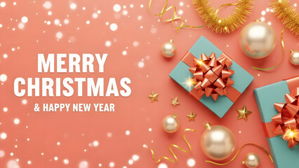 Merry Christmas and Happy New Year Text on Coral Background with Gold Ornaments Tinsel and Gifts 3D Rendering Festive Holiday Decoration Template Design Banner